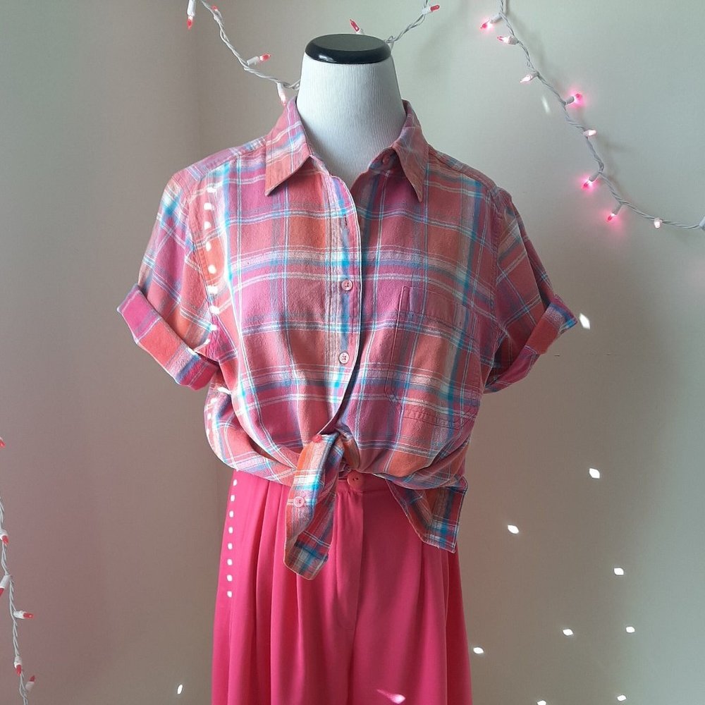 Vtg Pink & Coral Madras Plaid Button Up Summer Camp Shirt Coastal Grandma